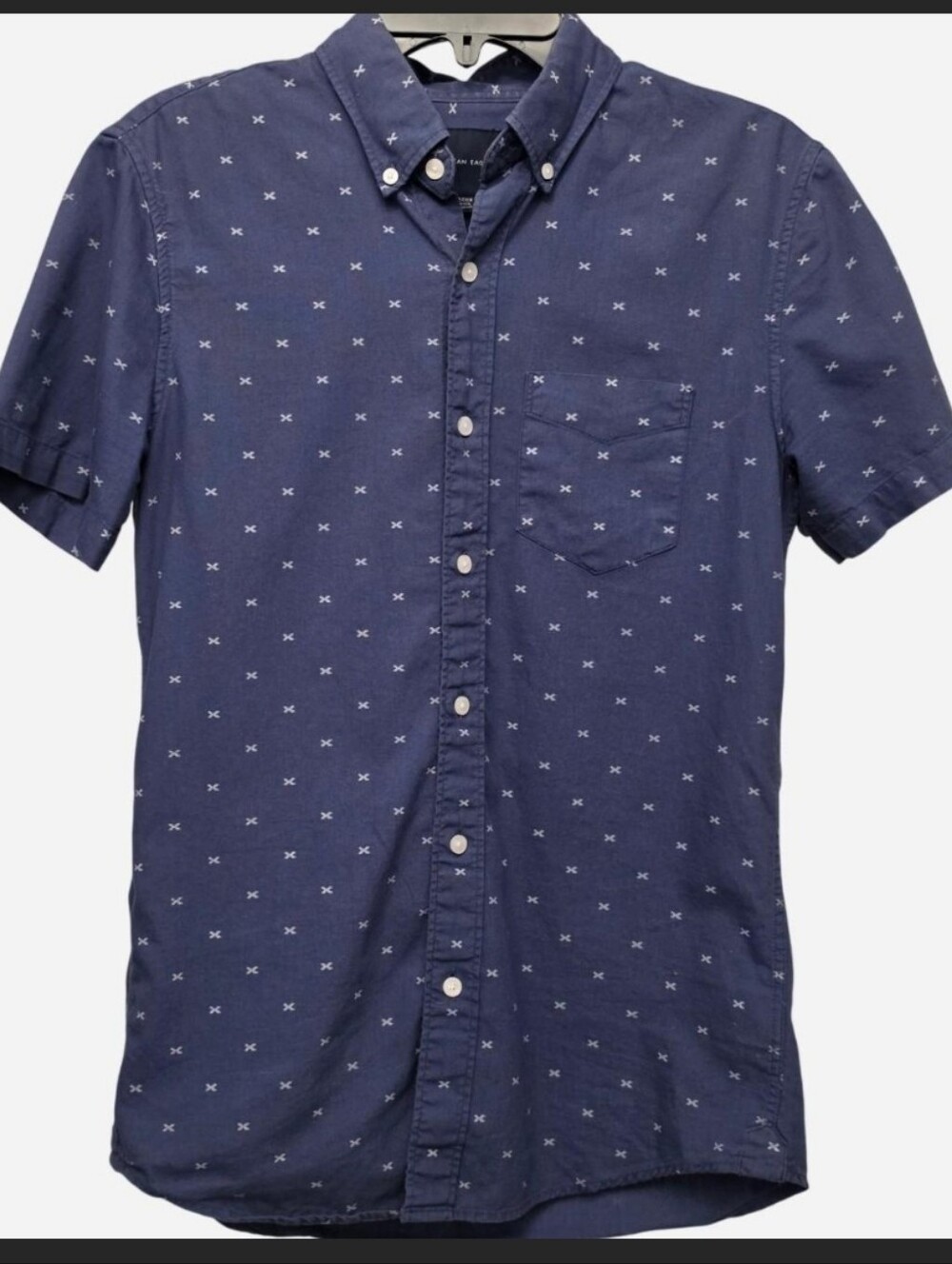 American Eagle 100% Cotton Blue Short-Sleeve Button-Down Shirt White Micro Print